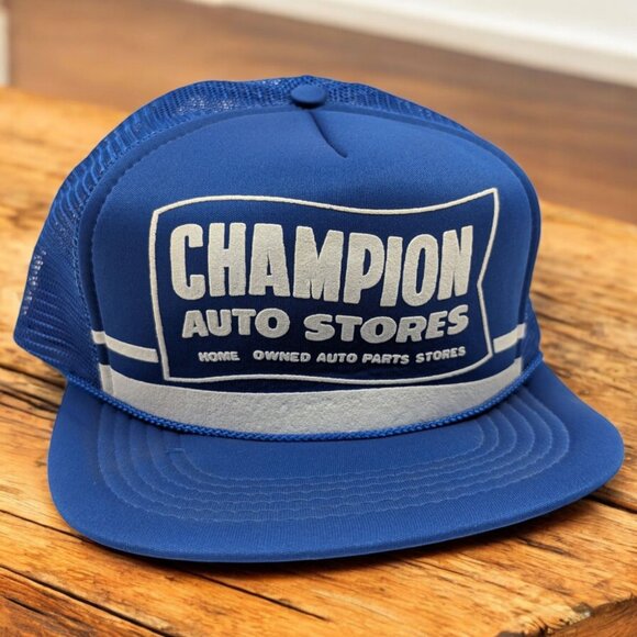 Champion Auto Stores Snapback Trucker Hat Blue‎ Vintage 80s Puff Print NOS - Picture 1 of 8